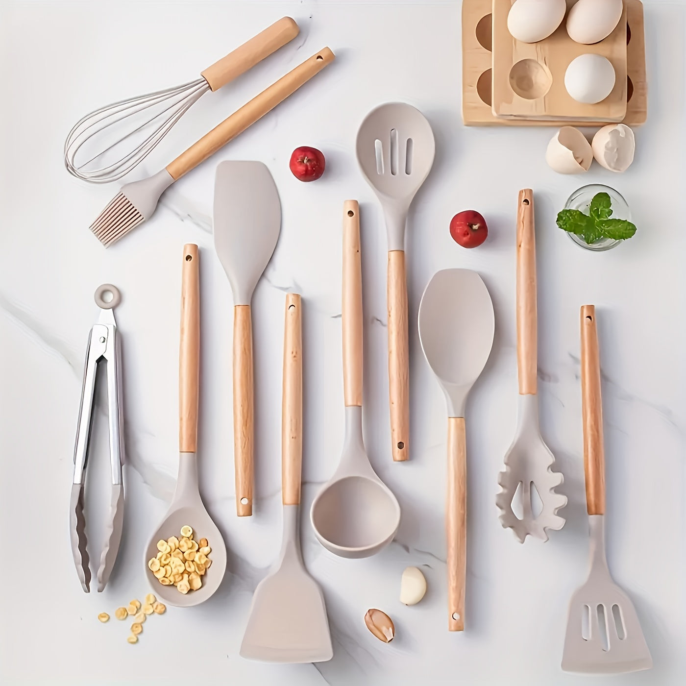 12-Piece Silicone Kitchen Utensil Set with Wooden Handles, Heat-Resistant and Scratch-Resistant 1