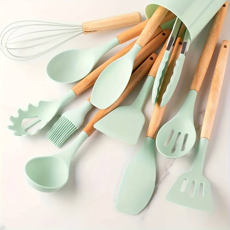 12-Piece Silicone Kitchen Utensil Set with Wooden Handles, Heat-Resistant and Scratch-Resistant 10