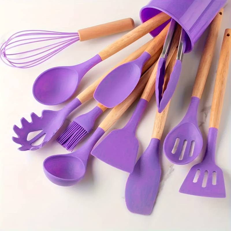 12-Piece Silicone Kitchen Utensil Set with Wooden Handles, Heat-Resistant and Scratch-Resistant 11