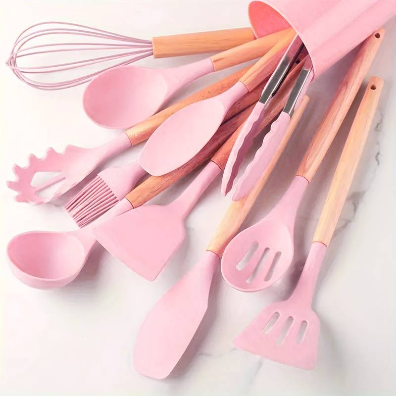 12-Piece Silicone Kitchen Utensil Set with Wooden Handles, Heat-Resistant and Scratch-Resistant 12