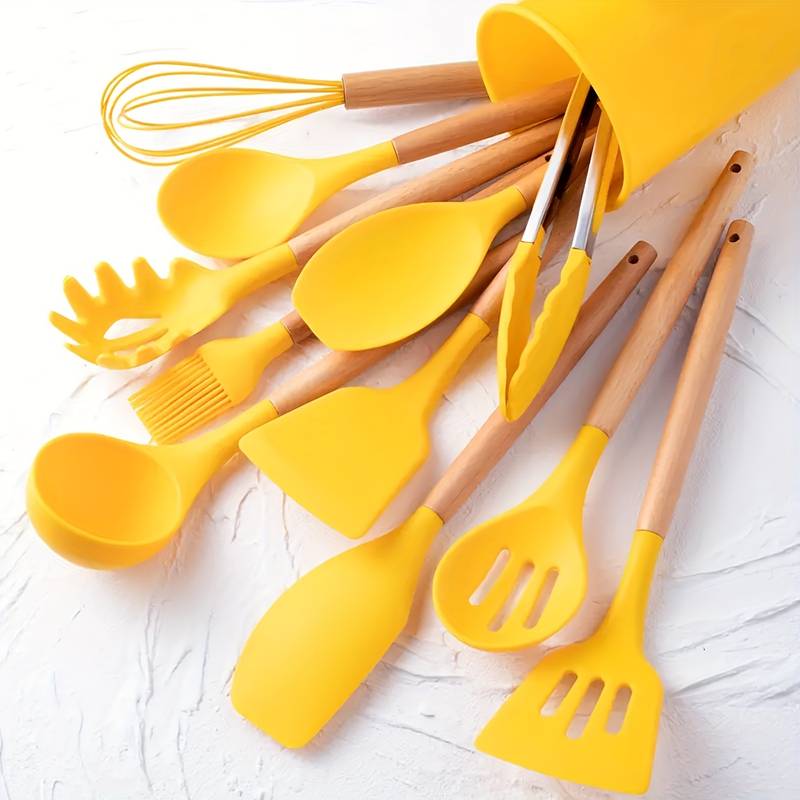12-Piece Silicone Kitchen Utensil Set with Wooden Handles, Heat-Resistant and Scratch-Resistant 13