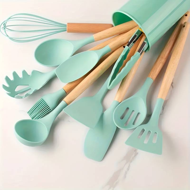 12-Piece Silicone Kitchen Utensil Set with Wooden Handles, Heat-Resistant and Scratch-Resistant 14