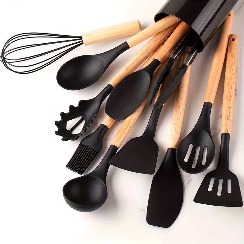 12-Piece Silicone Kitchen Utensil Set with Wooden Handles, Heat-Resistant and Scratch-Resistant 16