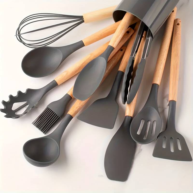 12-Piece Silicone Kitchen Utensil Set with Wooden Handles, Heat-Resistant and Scratch-Resistant 9
