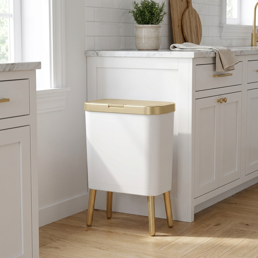 A white rectangular trash can with a gold lid and gold legs, styled in a bright, modern kitchen next to white cabinets.
