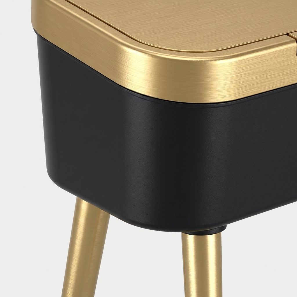 Close-up of a modern side table or stool with a brushed gold metal top and legs, a matte black body, and a matching gold lid, shown on a light gray background.