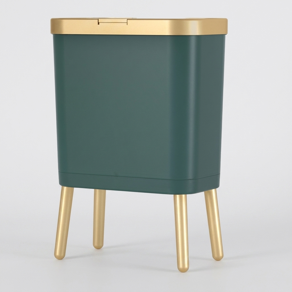 A modern side table or nightstand with a dark green rectangular body, a metallic gold top, and four tapered gold legs, shown on a light gray background.