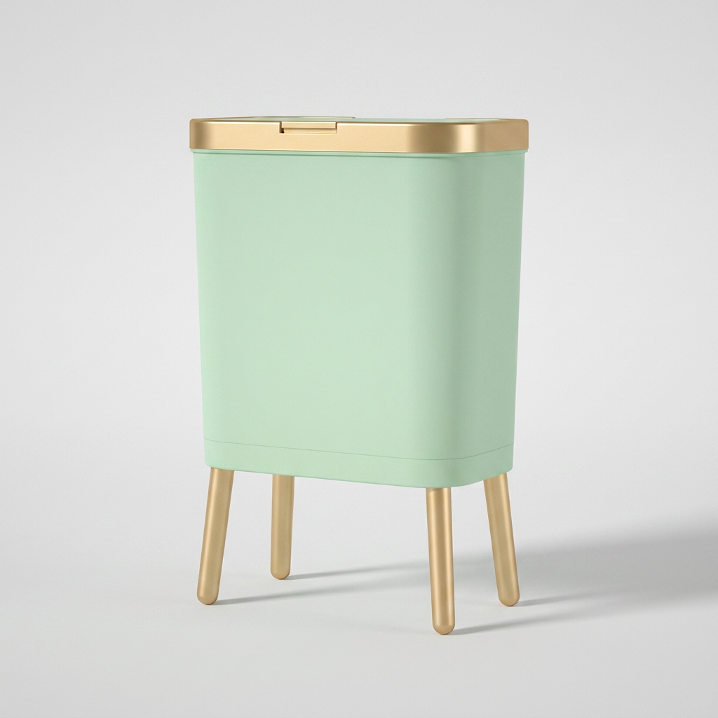 A modern mint green rectangular trash can with gold metal legs, a gold top trim, and a matching gold lid handle, shown on a light gray background.