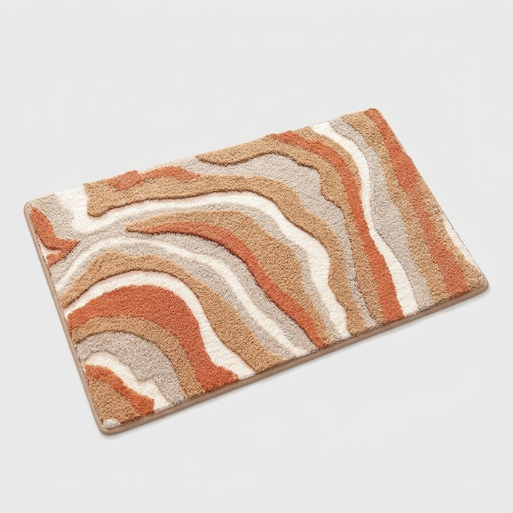 A rectangular bath mat with a wavy, layered geode-like pattern in terracotta orange, beige, cream, and taupe on a light gray background.