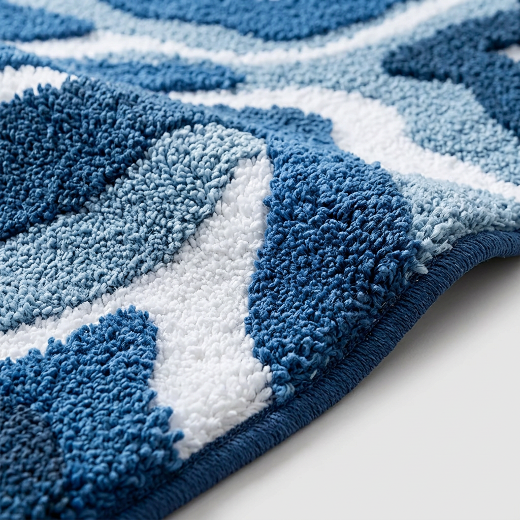 A close-up of a plush bath mat with a geometric pattern in shades of blue and white, showing the textured loop pile and folded edge.