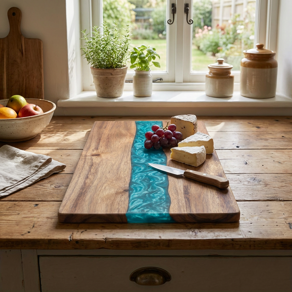 A rectangular wooden serving board with a turquoise resin river design, styled on a rustic wooden table with cheese, grapes, and a knife. The background shows a bright window with potted plants and kitchen jars.