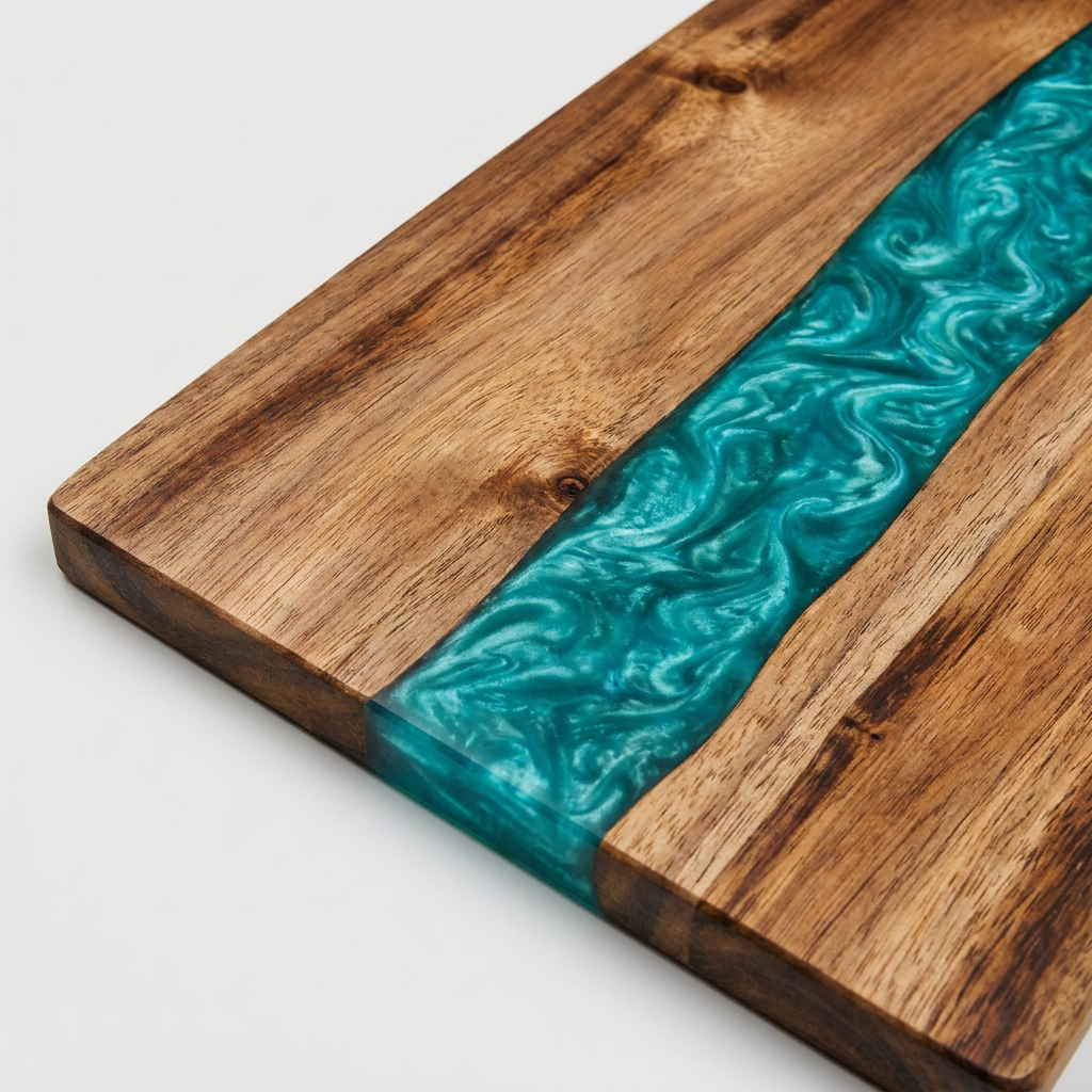 A close-up of a rectangular wooden board with a wavy turquoise resin inlay running down the center, photographed on a clean light gray background.