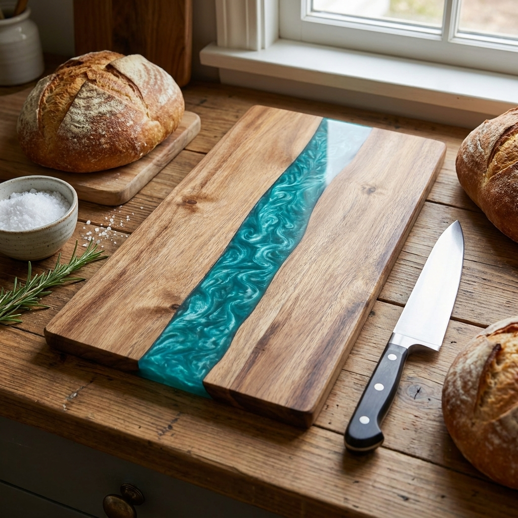 A rectangular wooden cutting board with a glossy turquoise resin inlay, styled on a rustic wooden countertop with bread, a knife, and a small bowl of salt nearby.