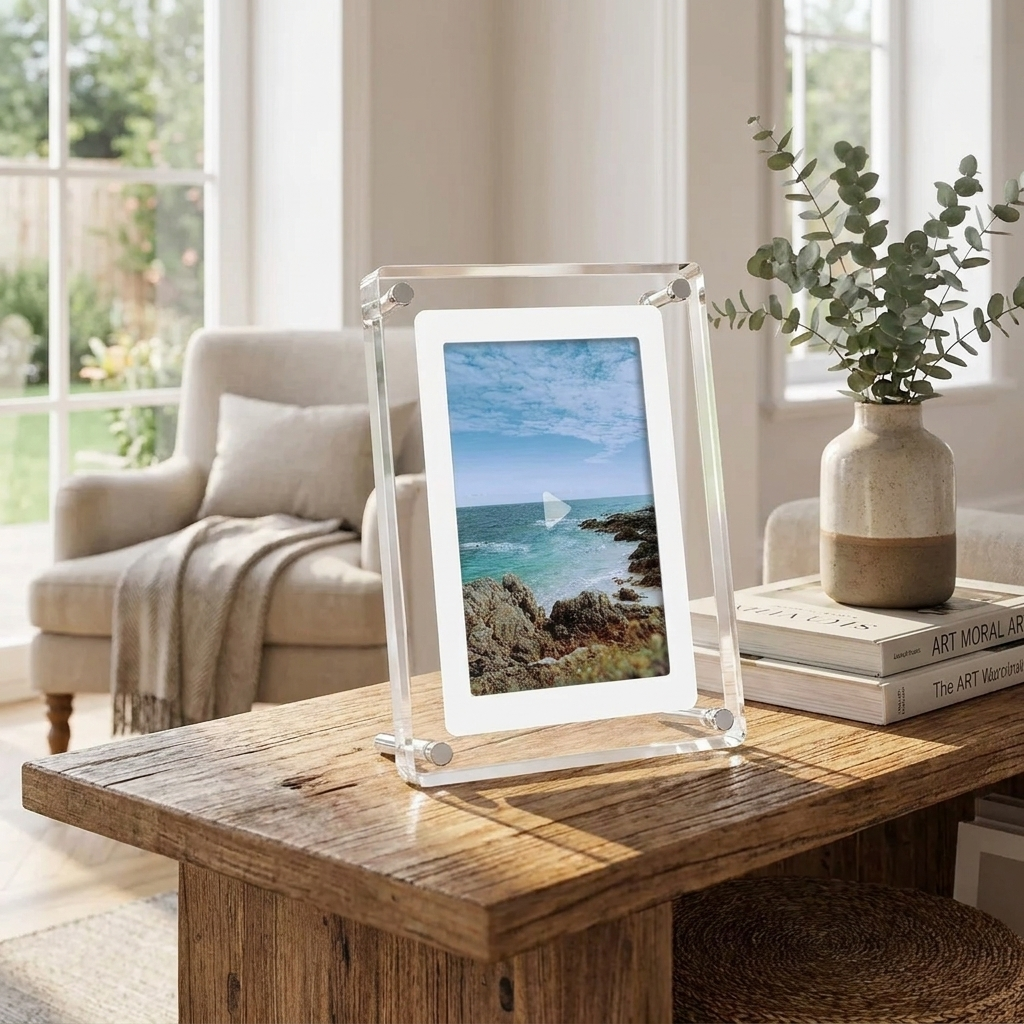 A clear acrylic picture frame with rounded corners stands on a rustic wooden table in a bright living room. The frame contains a landscape photo of a rocky beach under a blue sky.