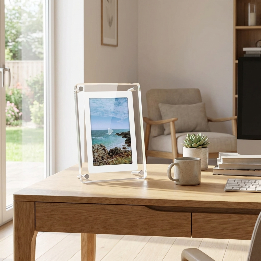 A clear acrylic picture frame with rounded corners stands on a light wood desk, displaying a coastal landscape photo. The scene is set in a bright, modern home office with a wooden armchair, a small potted succulent, and a mug in the background.