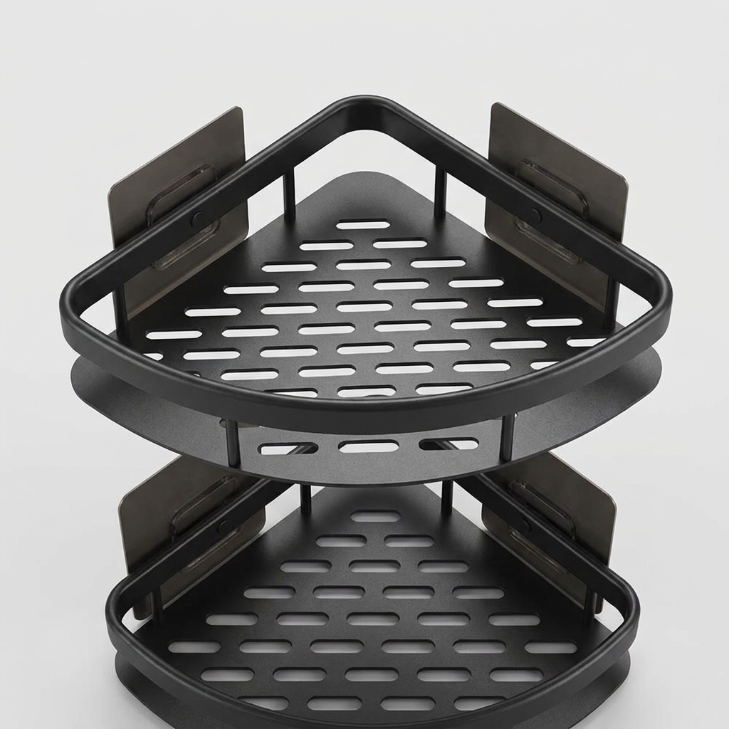 A two-tier black metal corner shelf with a perforated slotted design and adjustable side brackets, shown on a light gray background.