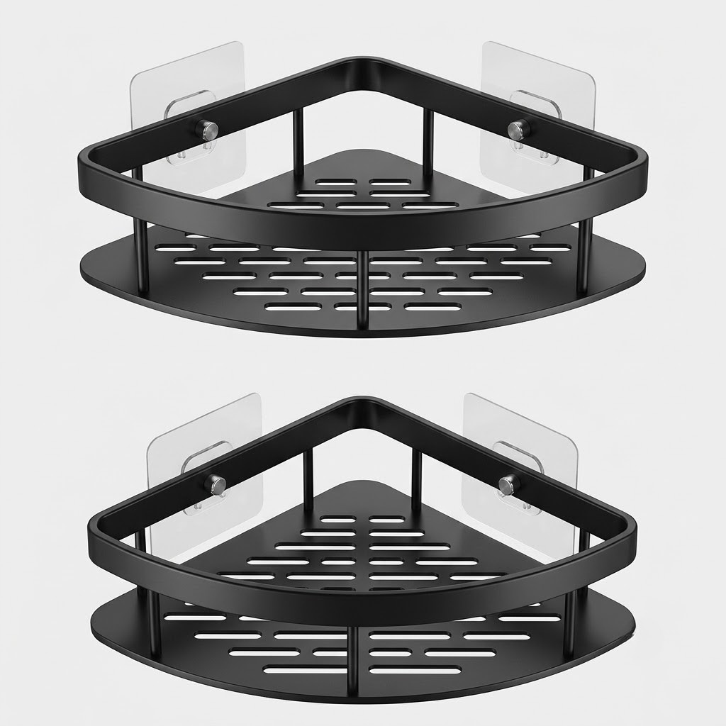 Two black corner bathroom shelves with slotted trays and clear wall-mounted suction cups, shown on a light gray background.