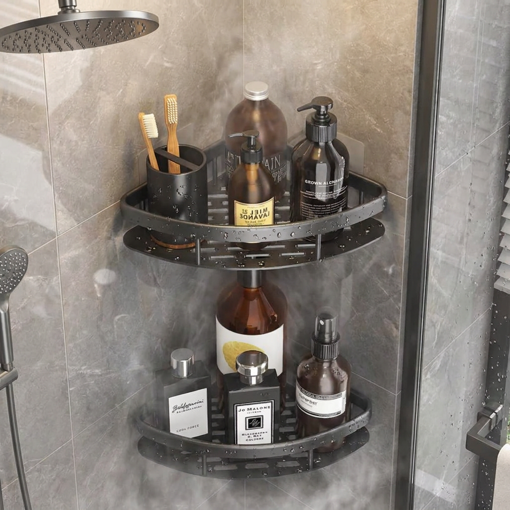 Two-tier black corner shower shelf organizer filled with bathroom toiletries, including bottles, a toothbrush holder, and a cup, mounted on a gray tiled shower wall.