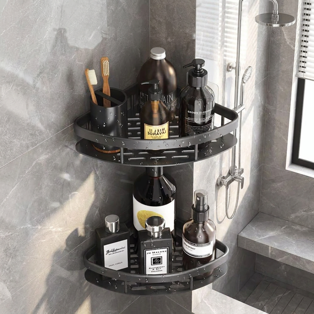 A two-tier black corner shower shelf mounted on a gray tiled bathroom wall, holding toiletries including bottles, a toothbrush holder, and a toothbrush.
