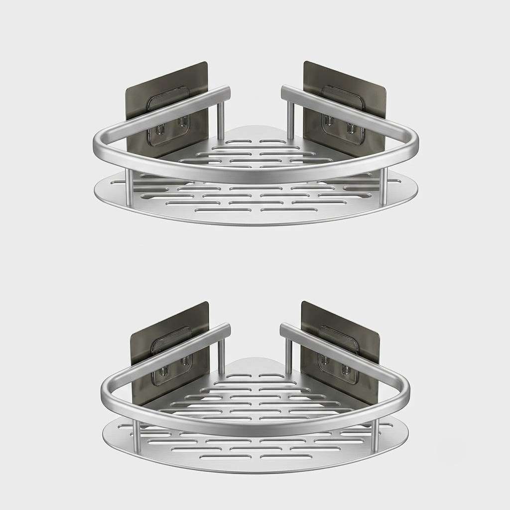 Two silver metal corner shower shelves with slotted baskets and wall-mounted brackets, shown on a light gray background.