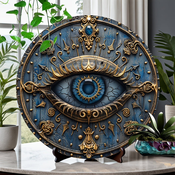 Decorative wall art with an eye design on a stand, surrounded by plants.