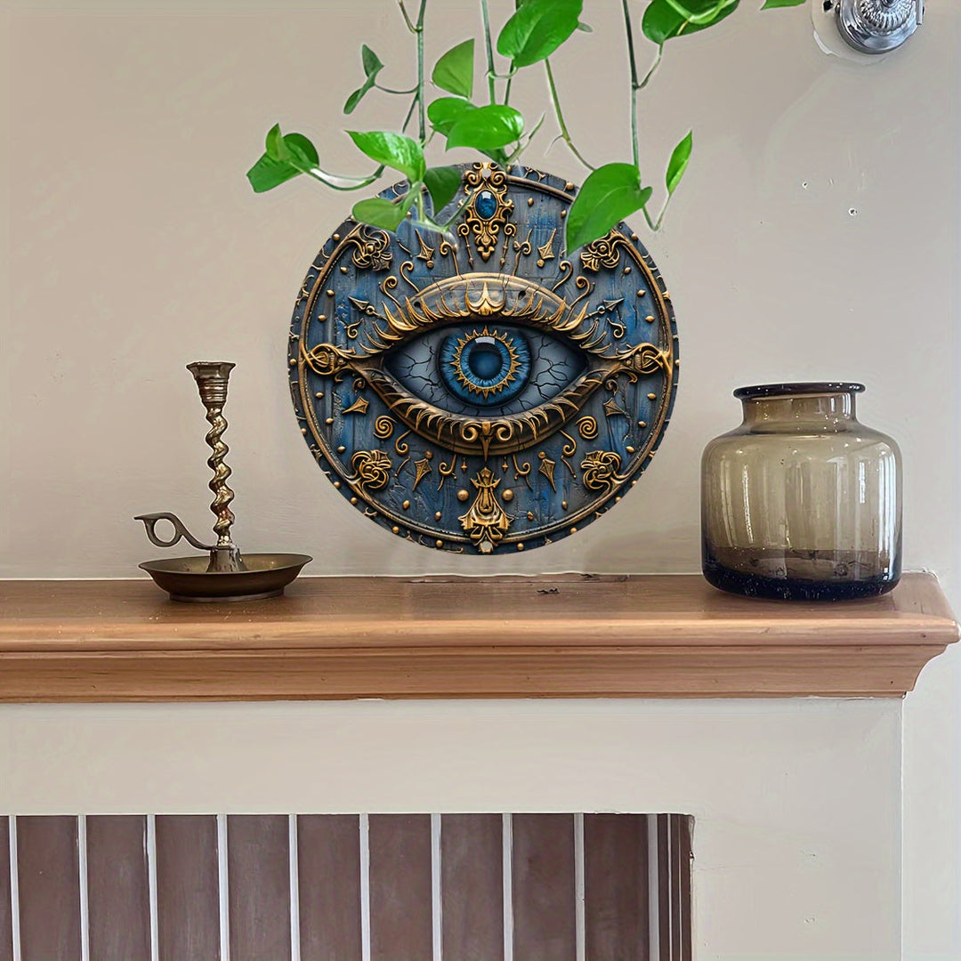 Decorative wall art with eye design on a wooden shelf with plants and a vase.