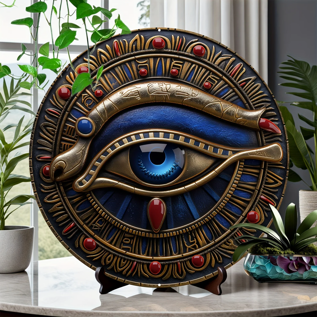 Decorative wall art with an eye design on a stand, surrounded by plants.