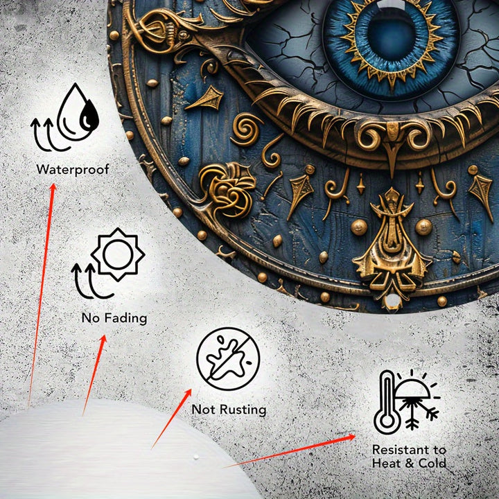 Decorative metal shield with eye design, featuring durability icons on a textured background.