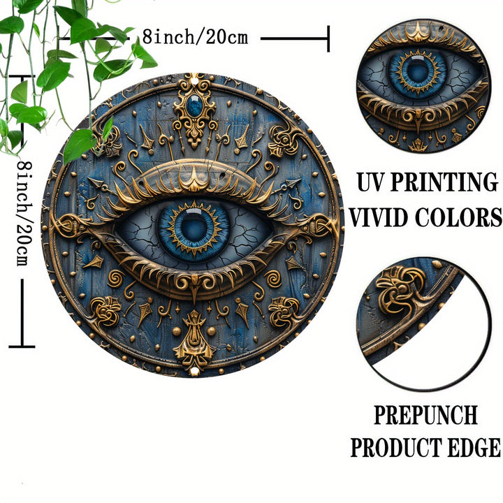 Decorative wall art with eye design, measurements, and text about UV printing and prepunch product edge.