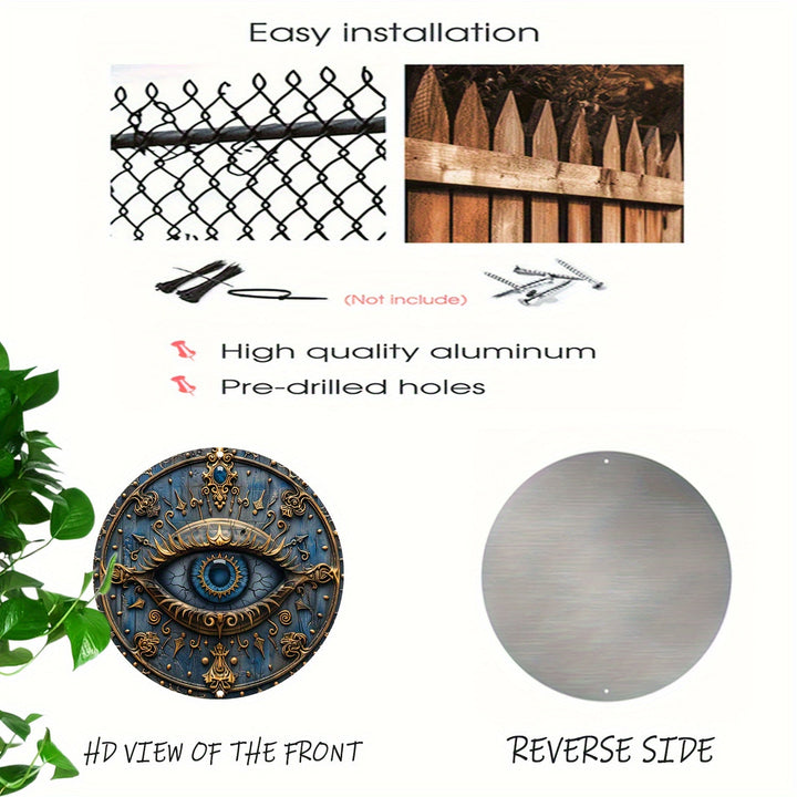 Decorative wall art with eye design on a white background, featuring text about installation and material quality.