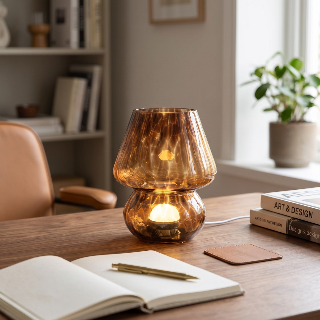 A small amber glass table lamp with a warm glowing bulb inside, styled on a wooden desk next to an open notebook, pen, and books in a softly lit home office setting.