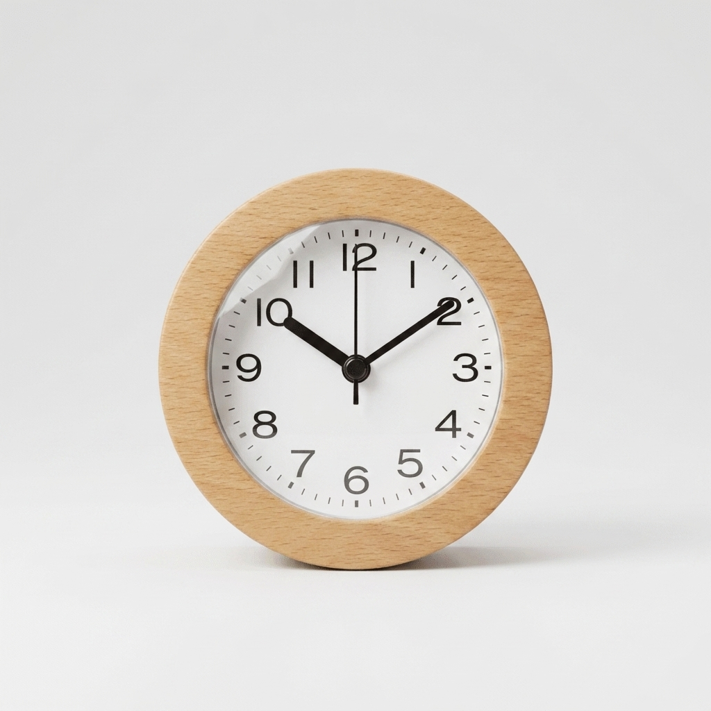 A minimalist round analog clock with a light natural wood frame, a white face, and black numerals and hands, photographed against a seamless light gray background.