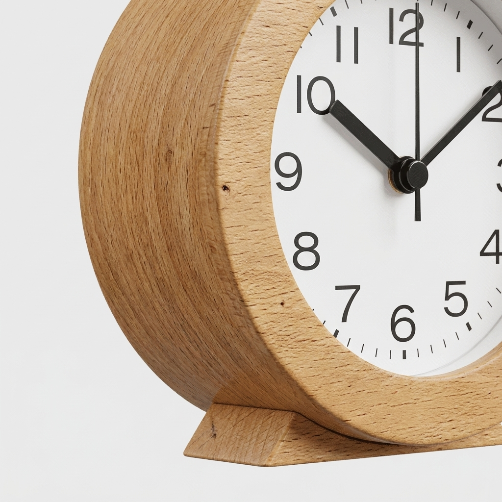 Close-up of a round wooden table clock with a natural oak finish, black hands, and a white face showing black numerals against a light gray background.
