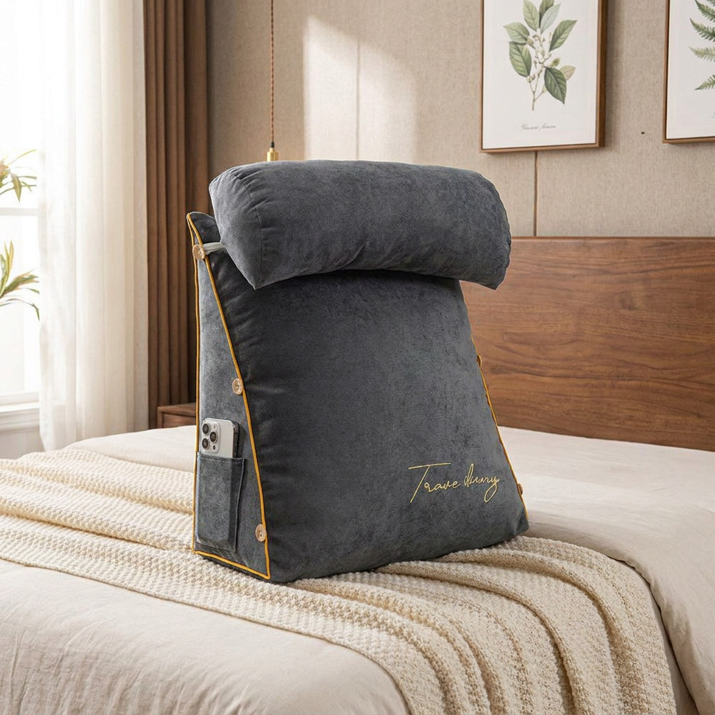 A dark gray reclining bed pillow with a built-in side pocket holding a smartphone, styled on a cream-colored bed in a bedroom setting.
