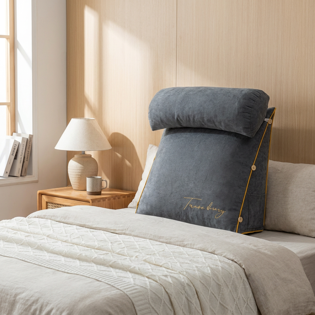 A dark slate blue nursing pillow with gold trim and gold embroidered text, styled on a bed in a warm, sunlit bedroom.