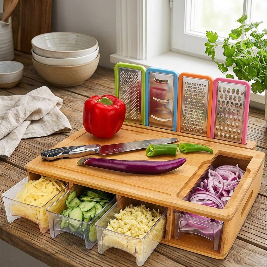 A wooden kitchen vegetable chopper and grater set on a rustic table, with a red bell pepper, eggplant, green onions, sliced red onion, shredded cheese, sliced cucumber, minced garlic, and four colorful graters in the background.