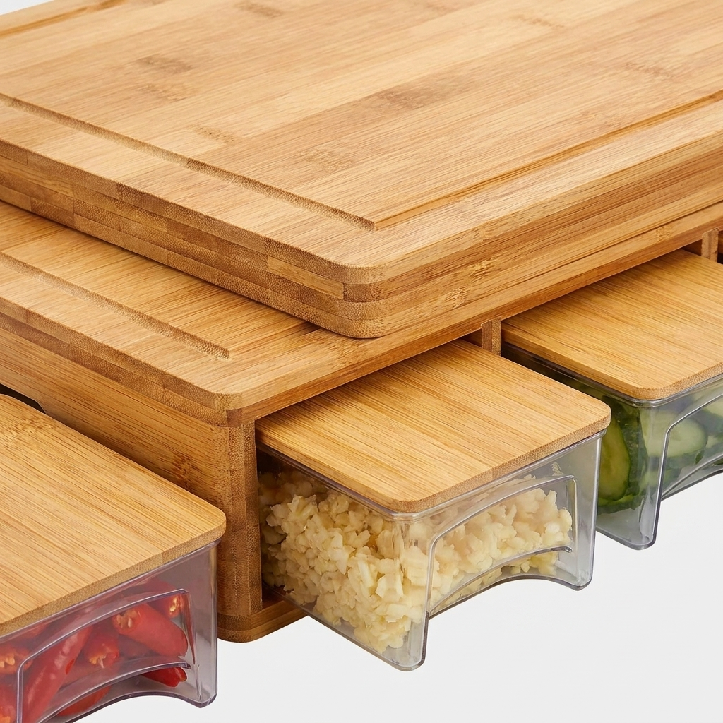 A bamboo kitchen organizer with multiple drawers and a cutting board, shown with clear plastic containers holding garlic, cucumbers, and red chilies on a light gray background.