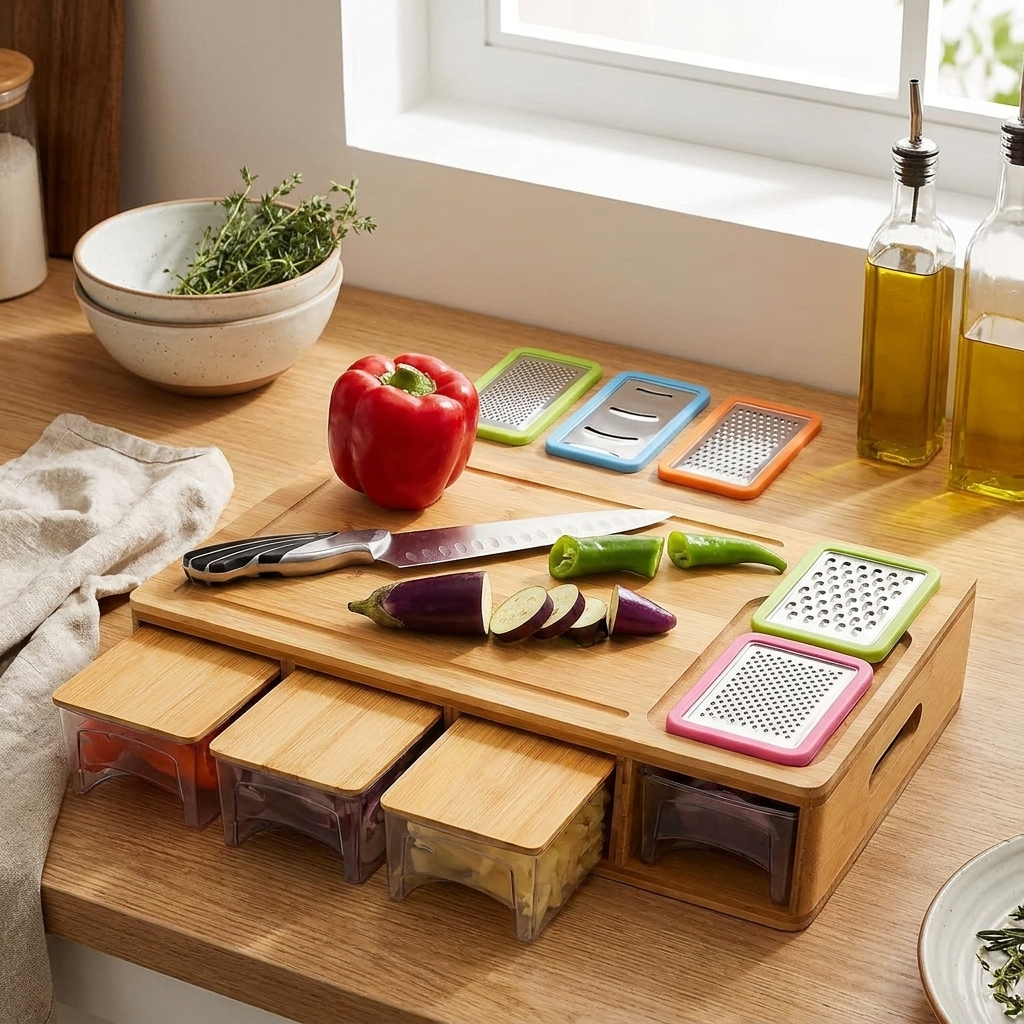 A wooden kitchen utility board and drawer organizer set on a countertop near a window, with vegetables including a red bell pepper, eggplant, green peppers, and a knife placed on top. Color-coded grater and slicer attachments in green, blue, orange, and pink are arranged above the board, along with four clear storage drawers with light wood lids.