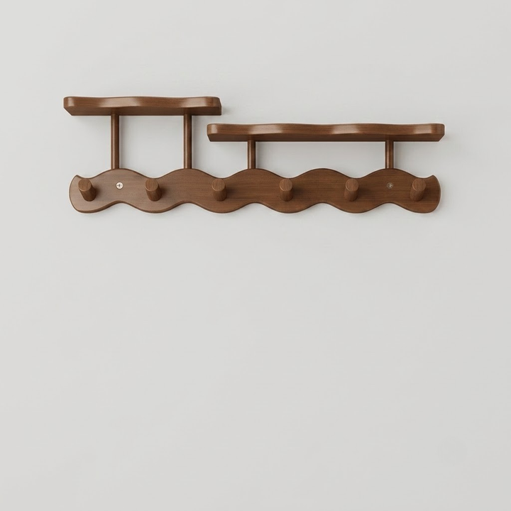 A brown wooden wall-mounted coat rack with two horizontal bars and multiple curved hooks, shown against a plain light gray wall.