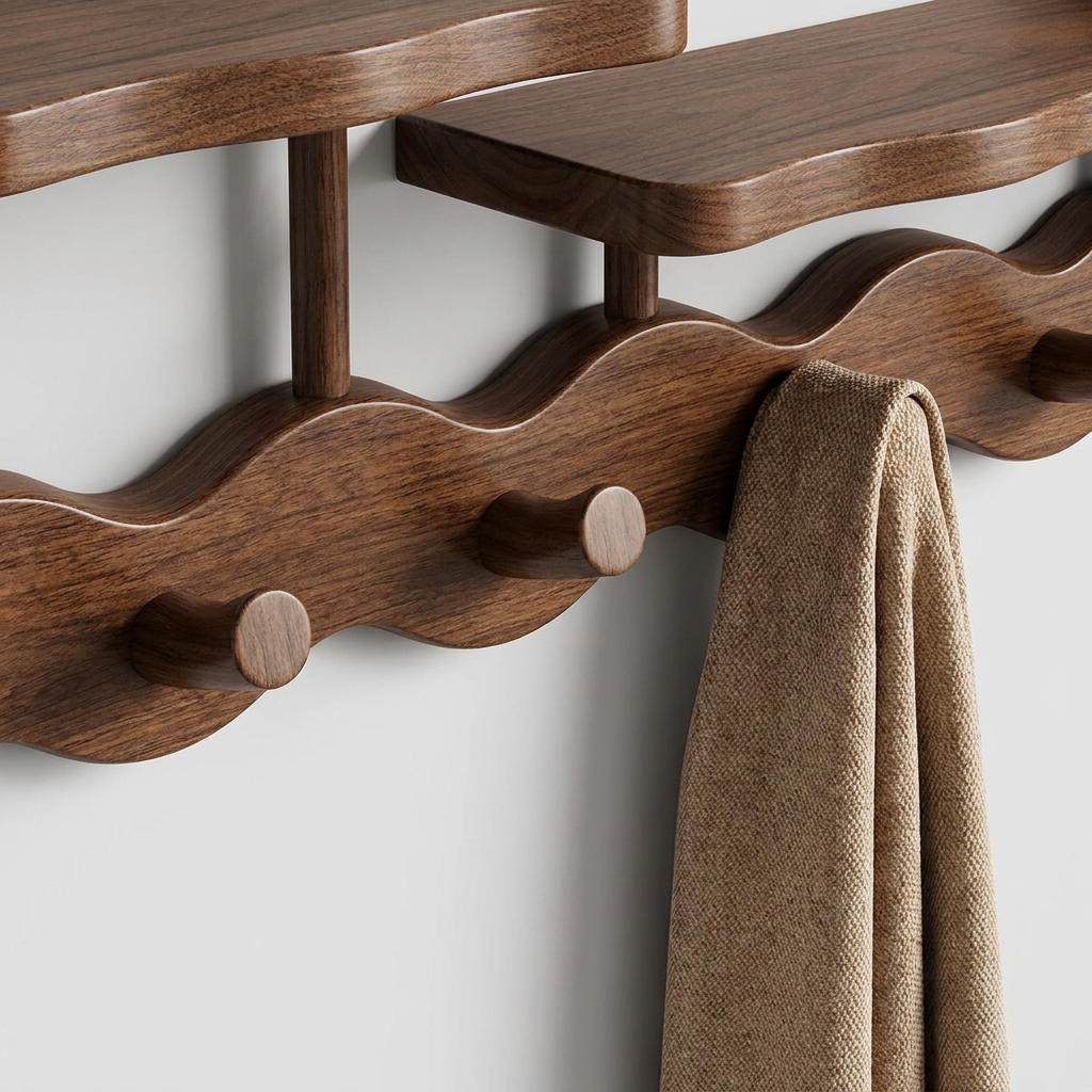 A close-up of a dark brown wooden wall-mounted shelf and coat rack with wavy edges, round peg hooks, and a beige towel hanging from one hook against a light gray wall.