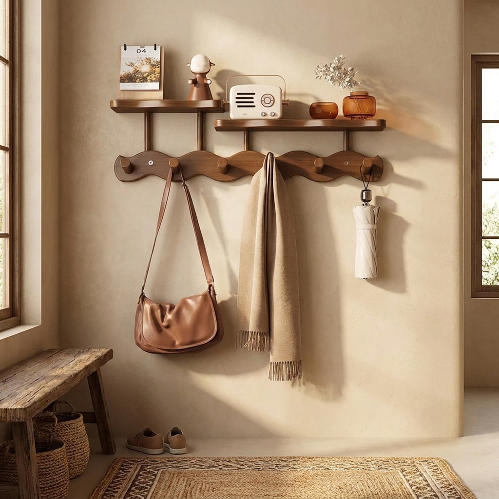 A wall-mounted wooden coat rack with two shelves and four hooks, styled in a warm beige entryway. A brown leather shoulder bag hangs from one hook, a cream scarf hangs from another, and a white umbrella is tucked into a third hook.