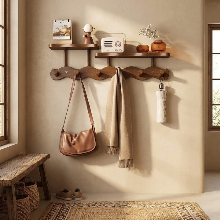 A wall-mounted wooden coat rack with two shelves and four hooks, styled in a warm beige entryway. A brown leather shoulder bag hangs from one hook, a cream scarf hangs from another, and a white umbrella is tucked into a third hook.