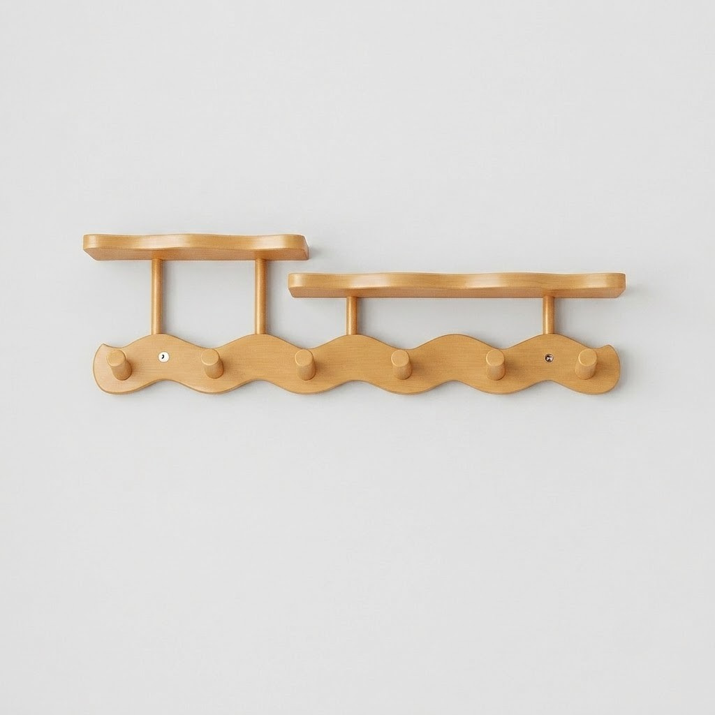 A light natural wood wall-mounted coat rack with two horizontal shelves and five wavy peg hooks, shown against a plain light gray background.