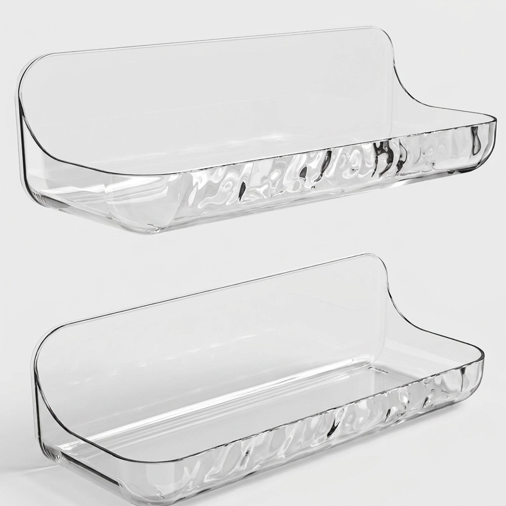 Two clear acrylic or glass shelf trays with a wavy textured edge, shown floating against a light gray background.