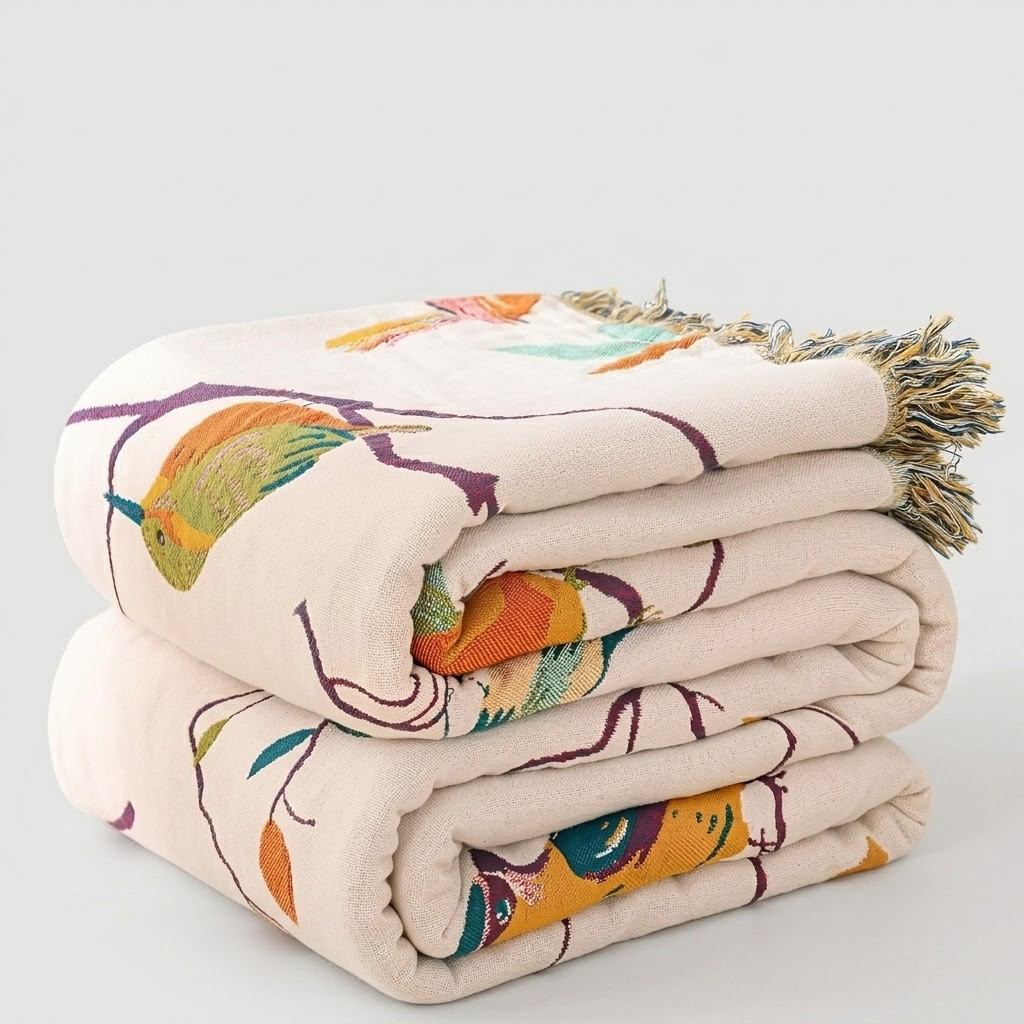 A folded throw blanket with a cream base and a colorful botanical pattern, stacked on a light gray background. The blanket features multicolor leaf motifs in orange, green, and purple, finished with a fringed edge.