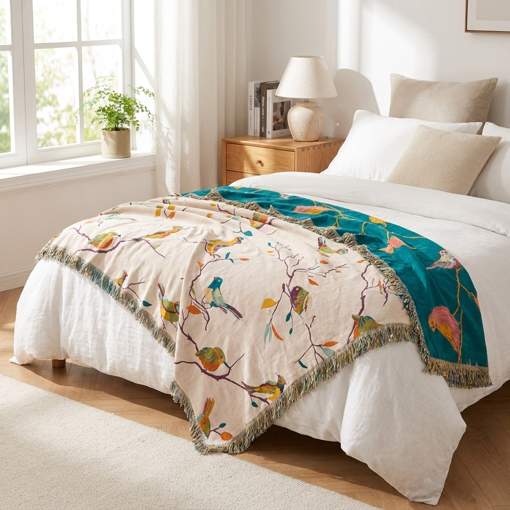 A cream-colored throw blanket with a colorful bird and branch pattern and fringed edges, draped over a bed in a bright, modern bedroom.