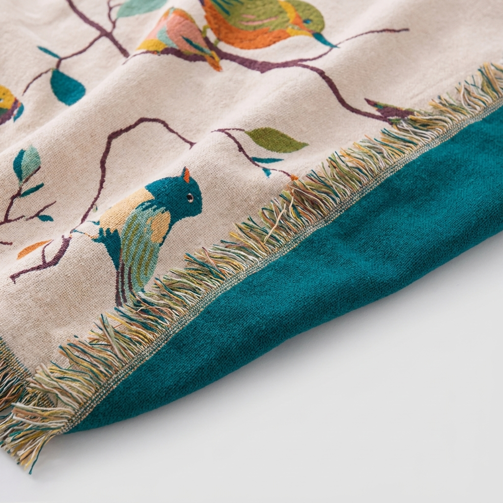A close-up of a woven throw blanket featuring a multicolor bird and leaf pattern on a cream background, finished with a solid teal fringe border.