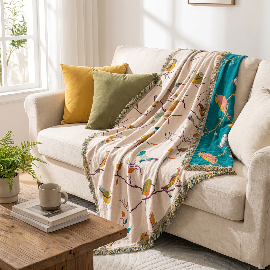A cozy living room scene with a cream sofa draped in a patterned throw blanket featuring colorful birds and branches, alongside two decorative pillows and a bright teal fabric section. A wooden coffee table with a mug and plant sits in the foreground.