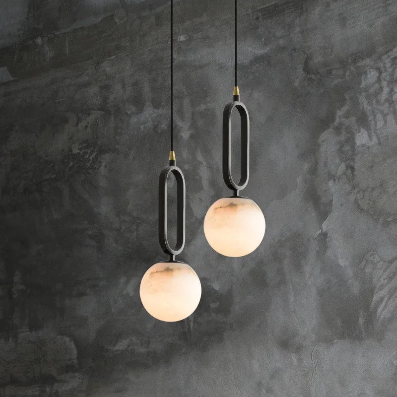 Black Pendant Light with Natural Marble and Polished Copper Accents 0