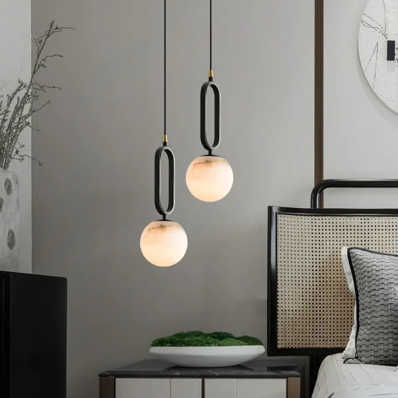 Black Pendant Light with Natural Marble and Polished Copper Accents 1
